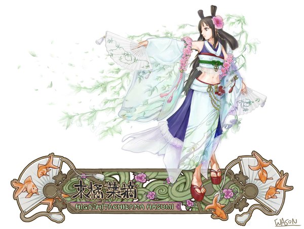 Anime picture 2120x1600 with original long hair highres black hair hair flower midriff navel hair ornament flower (flowers) detached sleeves sword fan wason