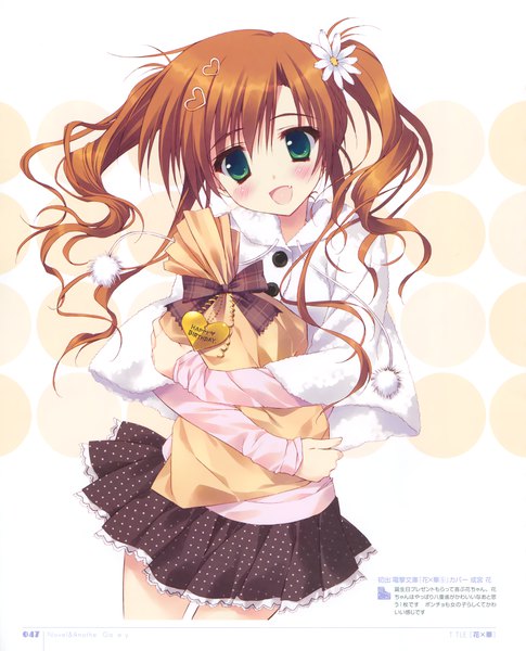 Anime picture 2453x3033 with hana x hana narumiya hana ryohka single long hair tall image looking at viewer blush highres open mouth brown hair twintails green eyes head tilt hair flower scan official art happy birthday girl skirt