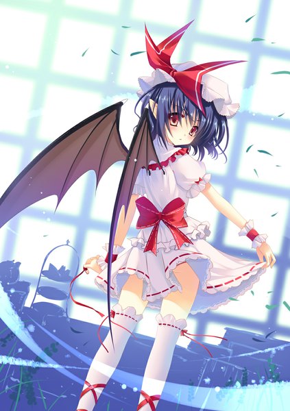 Anime picture 810x1150 with touhou remilia scarlet sousouman tall image short hair red eyes blue hair looking back girl thighhighs dress white thighhighs wings frills bonnet