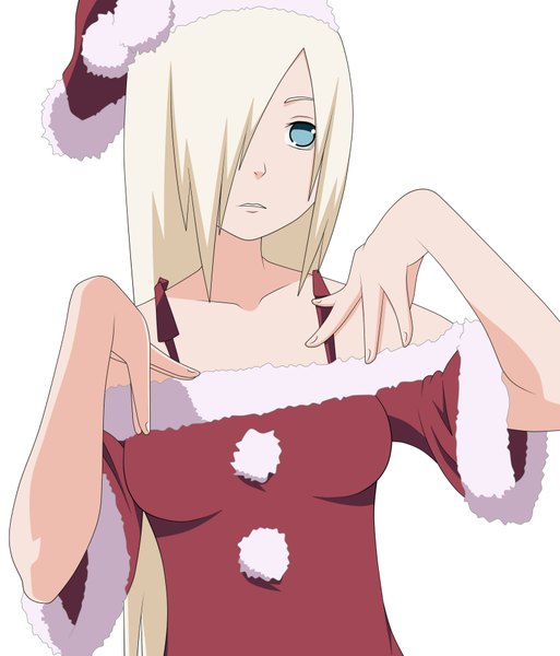 Anime picture 1600x1870 with naruto studio pierrot naruto (series) yamanaka ino single tall image looking at viewer fringe blue eyes simple background blonde hair white background very long hair hair over one eye teeth fur trim christmas hand on shoulder girl fur