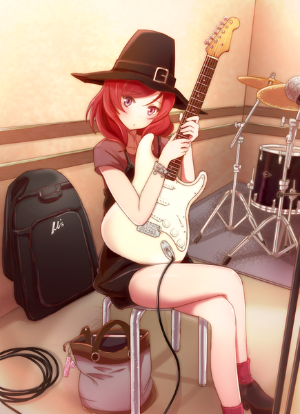 Anime picture 600x826 with love live! school idol project sunrise (studio) love live! nishikino maki ivioss single tall image looking at viewer blush short hair red eyes sitting purple eyes holding bent knee (knees) red hair indoors crossed legs girl hat