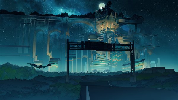 Anime picture 1920x1080 with original sashimin highres wide image wallpaper night sky glowing glowing eye (eyes) flying no people landscape fantasy scenic transparent plant (plants) tree (trees) building (buildings) moon star (stars) grass