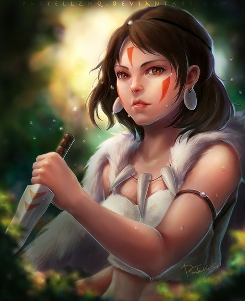 Anime picture 857x1054 with mononoke hime studio ghibli san pastellzhq single tall image short hair brown hair holding brown eyes signed looking away parted lips teeth bare belly fang (fangs) face paint girl weapon earrings