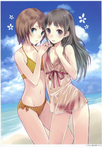 Anime picture 2432x3481 with atelier (series) gust (company) atelier rorona and totori (artbook) totooria helmold filly erhard kishida mel long hair tall image blush highres short hair open mouth blue eyes brown hair multiple girls sky cloud (clouds) scan grey eyes beach