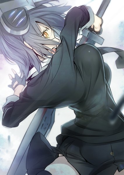 Anime picture 900x1271 with kantai collection tenryuu light cruiser nilitsu single tall image short hair breasts open mouth simple background large breasts white background yellow eyes ass looking back grey hair back girl thighhighs skirt gloves