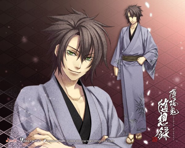 Anime picture 1280x1024 with hakuouki shinsengumi kitan studio deen okita souji (hakuouki) short hair brown hair green eyes japanese clothes crossed arms kimono