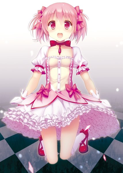 Anime picture 1942x2730 with mahou shoujo madoka magica shaft (studio) kaname madoka harapeko (sabernoahoge) single tall image blush highres short hair open mouth red eyes twintails pink hair loli short twintails girl dress bow hair bow