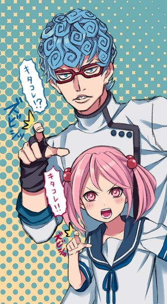 Anime picture 628x1137 with kantai collection jojo no kimyou na bouken sazanami destroyer ghiaccio sora yoshitake yuda tall image looking at viewer blush short hair open mouth blue eyes twintails blue hair pink hair upper body parted lips pink eyes text drill hair short twintails