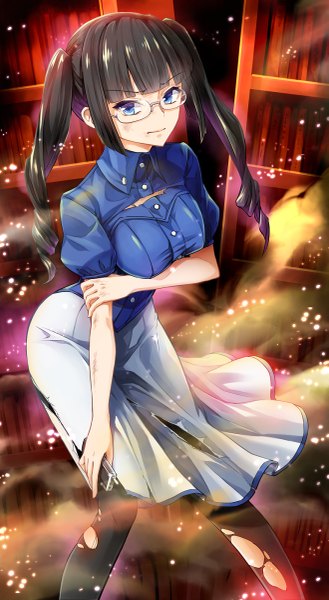 Anime picture 659x1200 with akuma no riddle kaminaga kouko tyone single long hair tall image looking at viewer fringe breasts blue eyes black hair large breasts standing twintails drill hair torn pantyhose dirty girl pantyhose glasses