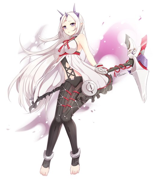Anime picture 900x1000 with closers levia (closers) millgua single long hair tall image looking at viewer blush breasts open mouth simple background standing white background purple eyes bare shoulders holding signed white hair barefoot horn (horns)