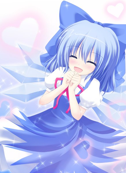 Anime picture 1190x1634 with touhou cirno shimotsuki keisuke single tall image blush short hair open mouth blue hair eyes closed girl dress bow hair bow wings