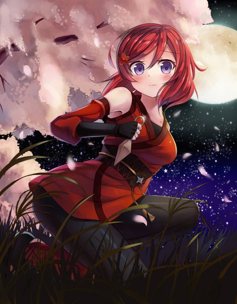 Anime picture 2250x2886 with love live! school idol project sunrise (studio) love live! nishikino maki motokonut single tall image looking at viewer blush fringe highres short hair hair between eyes purple eyes holding full body bent knee (knees) outdoors red hair traditional clothes