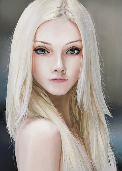 Anime picture 640x897 with original ichiban renga single long hair tall image looking at viewer blue eyes bare shoulders upper body white hair blurry realistic lipstick portrait pink lipstick makeup girl