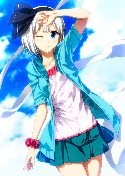 Anime picture 800x1120 with touhou konpaku youmu sazanami mio single tall image blush fringe short hair blue eyes standing sky silver hair cloud (clouds) pleated skirt one eye closed sunlight open clothes open jacket hand on face casual