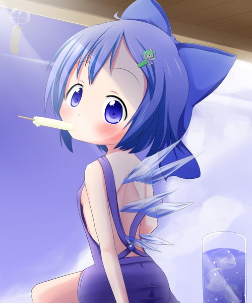 Anime picture 1500x1800 with touhou cirno daiyousei makuran single tall image looking at viewer blush short hair blue eyes blue hair loli back girl hair ornament bow hair bow wings food sweets