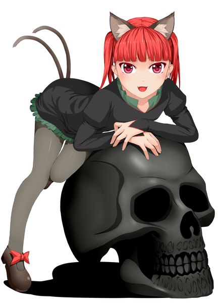 Anime picture 1000x1381 with touhou kaenbyou rin ayase tamaki single long hair tall image looking at viewer open mouth simple background red eyes white background animal ears red hair cat ears cat girl cat tail extra ears girl dress skull