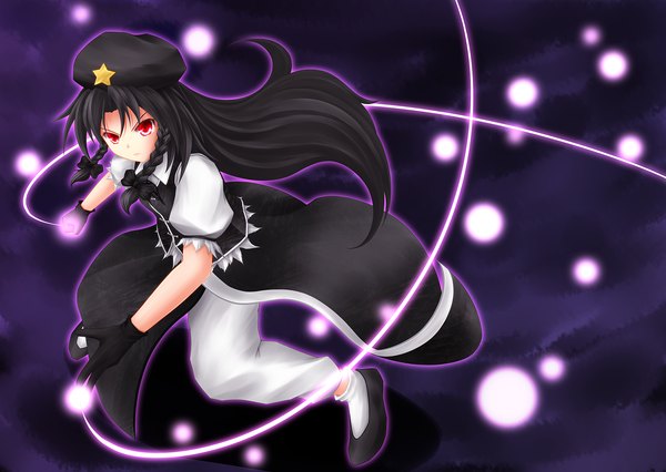 Anime picture 1784x1268 with touhou hong meiling baia single long hair looking at viewer highres black hair red eyes braid (braids) magic dark background girl dress gloves bow hair bow socks shoes white socks
