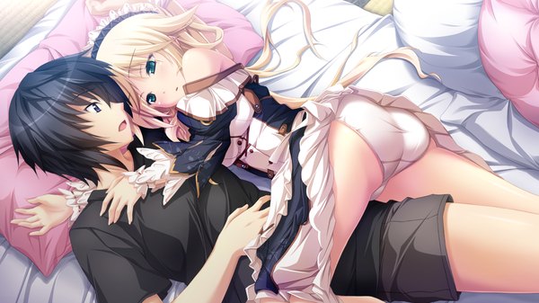 Anime picture 1280x720 with chrono clock dorothy davenport koku long hair blush short hair open mouth blue eyes light erotic black hair blonde hair wide image game cg lying couple girl dress boy underwear panties