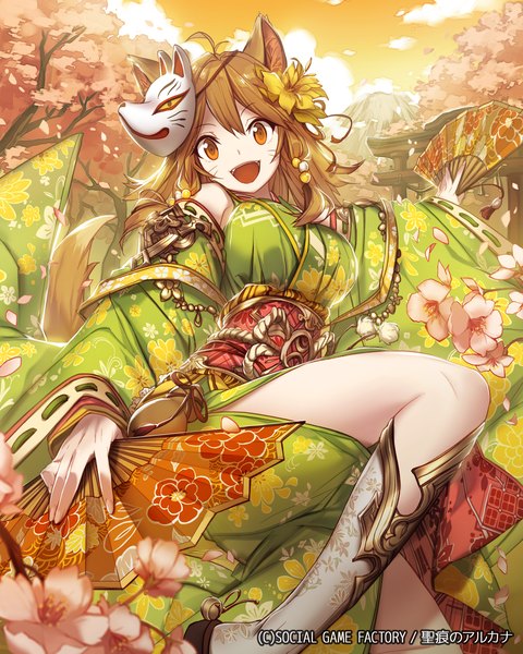 Anime picture 1920x2400 with seikon no qwaser umberwig single long hair tall image looking at viewer fringe highres breasts open mouth smile large breasts sitting animal ears sky cloud (clouds) ahoge bent knee (knees) outdoors tail