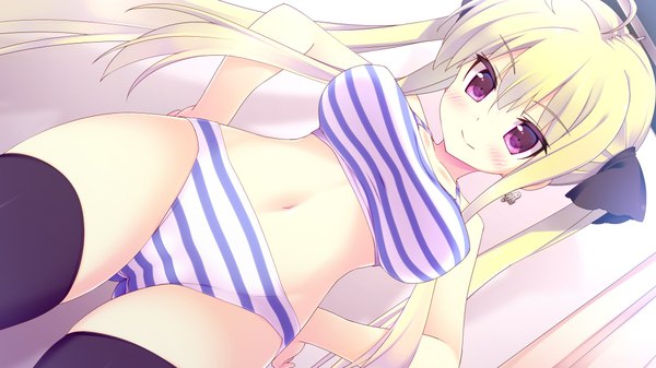 Anime picture 2168x1220 with zutto sukishite takusan sukishite kamijou raika shiratama (shiratamaco) long hair highres breasts light erotic blonde hair wide image twintails game cg pink eyes underwear only girl navel underwear panties bow hair bow