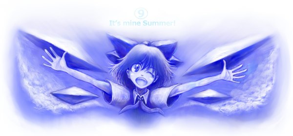 Anime picture 1217x569 with touhou cirno aouji single short hair open mouth wide image one eye closed wink inscription monochrome spread arms girl bow hair bow wings crystal