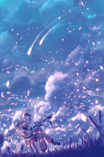 Anime picture 980x1480 with original bounin single long hair tall image fringe smile sitting holding purple hair cloud (clouds) bent knee (knees) eyes closed wind crossed legs shooting star girl plant (plants) star (stars) grass
