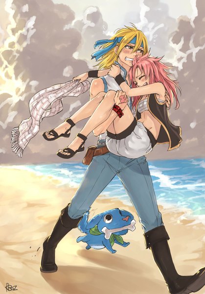 Anime picture 1000x1430 with fairy tail lucy heartfilia natsu dragneel happy (fairy tail) rusky long hair tall image blush blonde hair brown eyes signed pink hair cloud (clouds) eyes closed tattoo beach walking clenched teeth carrying bone (bones)
