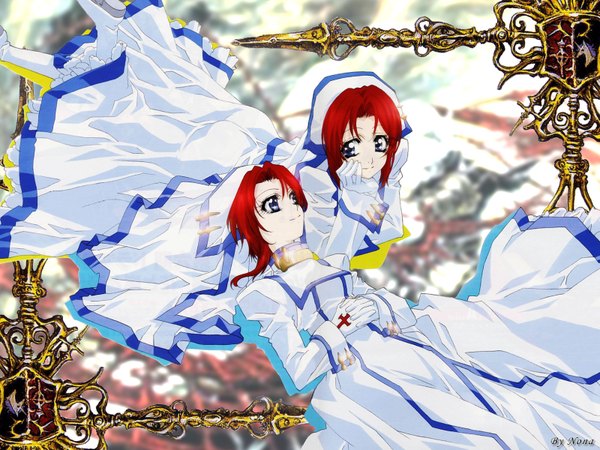 Anime picture 1600x1200 with trinity blood gonzo esther blanchett long hair blush highres breasts open mouth blue eyes smile brown hair multiple girls game cg red hair nun girl dress gloves 2 girls white gloves