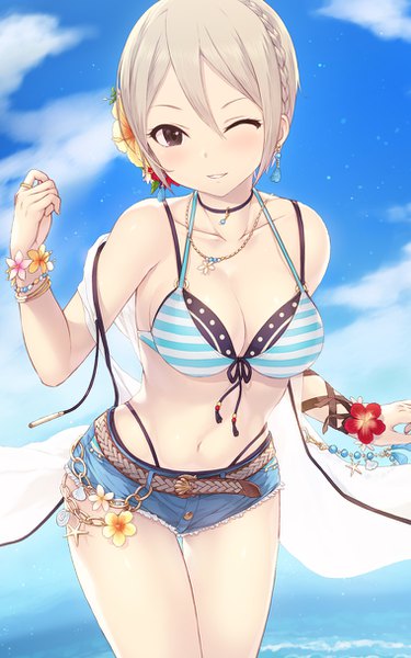 Anime picture 760x1216 with idolmaster idolmaster cinderella girls shiomi shuuko cait single tall image looking at viewer blush fringe short hair breasts open mouth light erotic blonde hair smile hair between eyes large breasts standing sky cleavage