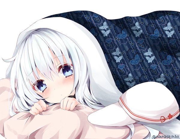 Anime picture 1000x771 with kantai collection hibiki destroyer verniy destroyer nanase nao single long hair looking at viewer blush fringe blue eyes simple background signed silver hair ahoge lying hammer and sickle girl flat cap blanket