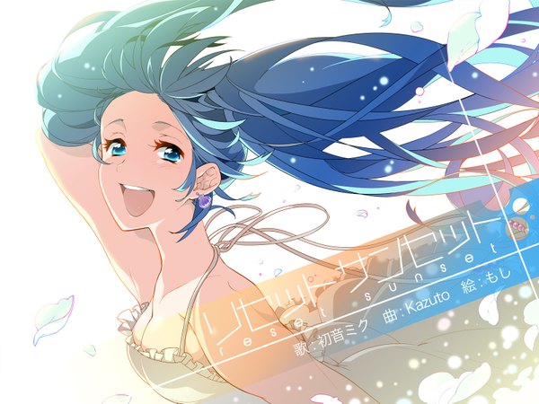 Anime picture 1600x1200 with vocaloid hatsune miku long hair open mouth twintails bare shoulders multicolored hair aqua eyes wind aqua hair girl sundress