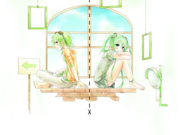 Anime picture 1600x1200 with vocaloid hatsune miku gumi sakakidani long hair looking at viewer blush short hair white background sitting twintails multiple girls green eyes sky barefoot green hair wallpaper soles goggles on head leg hug