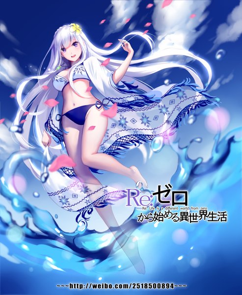 Anime picture 1800x2191 with re:zero kara hajimeru isekai seikatsu white fox emilia (re:zero) yin. single tall image highres open mouth light erotic purple eyes sky cloud (clouds) white hair very long hair girl swimsuit bikini petals water