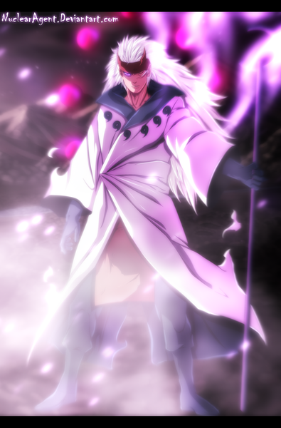 Anime picture 2239x3400 with naruto studio pierrot naruto (series) uchiha madara nuclearagent single long hair tall image highres white hair pink eyes night night sky coloring magic light letterboxed mountain rinnegan boy