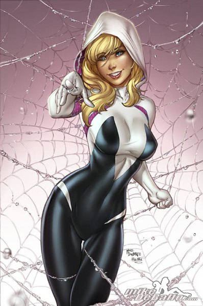 Anime picture 599x902 with marvel comics gwen stacy spider-gwen squirrelshaver single long hair tall image fringe breasts blue eyes light erotic blonde hair smile standing lips girl hood bodysuit suit