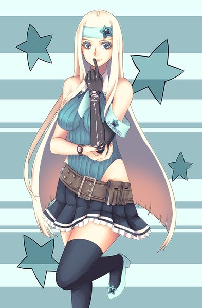 Anime picture 583x888 with destiny child lisa (destiny child) awaya hikaru single long hair tall image breasts blue eyes simple background blonde hair smile bare shoulders looking away bent knee (knees) nail polish pleated skirt fingernails inscription arm support zettai ryouiki