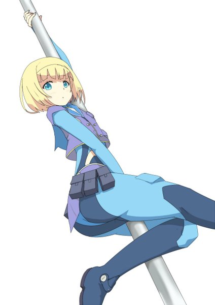 Anime picture 877x1240 with heavy object j.c. staff milinda brantini gobanme no mayoi neko single tall image looking at viewer fringe short hair blue eyes light erotic simple background blonde hair white background bent knee (knees) ass from below thighs bob cut pole dancing