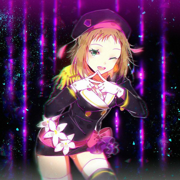 Anime picture 1000x1000 with love live! school idol project sunrise (studio) love live! kira tsubasa hakusai (tiahszld) single looking at viewer blush short hair open mouth blonde hair smile green eyes one eye closed wink zettai ryouiki glow girl thighhighs gloves