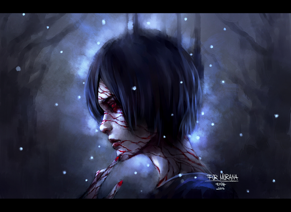 Anime picture 1300x950 with original tagme (character) nanfe single blush short hair black hair red eyes signed nail polish profile inscription lipstick portrait letterboxed red lipstick serious girl blood