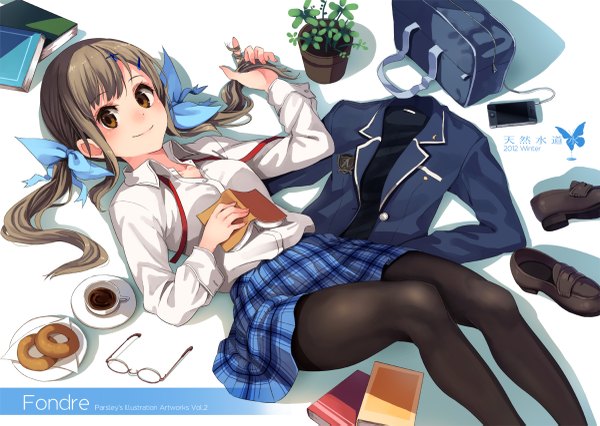 Anime picture 1200x853 with original paseri single long hair brown hair twintails brown eyes lying on back open collar shoes removed playing with hair eyewear removed hair twirling girl skirt uniform bow plant (plants) hair bow