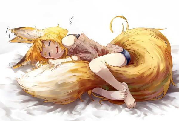 Anime picture 1200x810 with original jaco single fringe short hair open mouth simple background white background bare shoulders holding animal ears tail eyes closed animal tail barefoot orange hair bare legs fox ears fox tail fox girl
