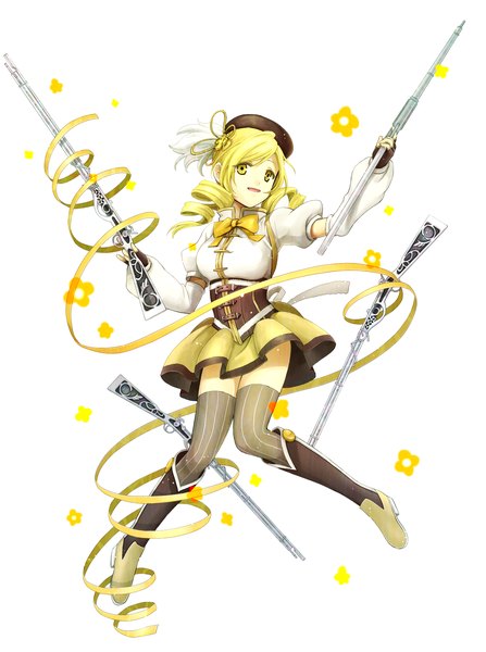 Anime picture 1230x1650 with mahou shoujo madoka magica shaft (studio) tomoe mami krste single tall image fringe short hair open mouth simple background blonde hair smile white background holding yellow eyes full body puffy sleeves drill hair girl thighhighs