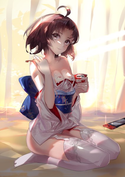 Anime picture 1200x1697 with kara no kyoukai type-moon ryougi shiki rabbit (tukenitian) single looking at viewer short hair breasts light erotic smile brown hair holding brown eyes ahoge traditional clothes head tilt japanese clothes sunlight no shoes undressing