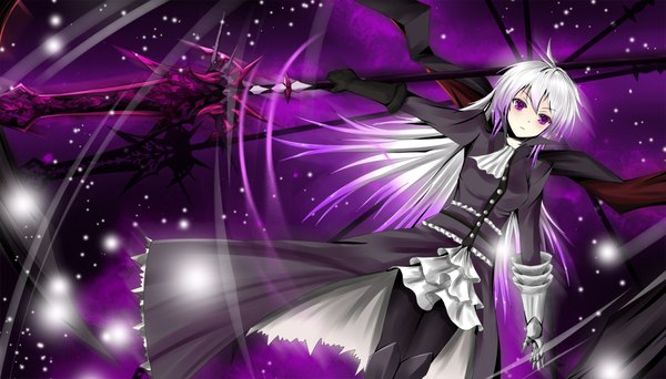 Anime picture 1750x1000 with original pixiv fantasia dusk/dawn single long hair highres wide image purple eyes white hair girl dress weapon wings spear