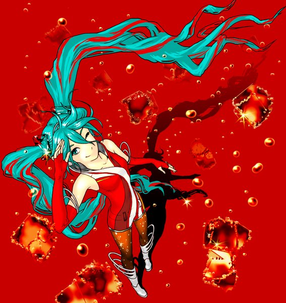 Anime picture 2081x2200 with vocaloid hatsune miku cola miku single long hair tall image fringe highres breasts simple background smile twintails one eye closed aqua eyes wink aqua hair shadow alternate costume red background girl