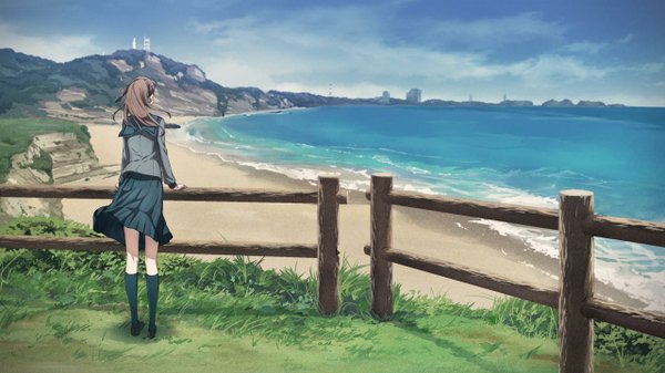 Anime picture 1280x720 with robotics;notes production i.g senomiya akiho tagme (artist) single long hair brown hair wide image standing sky ponytail wind from behind beach city rock panorama seaside girl uniform