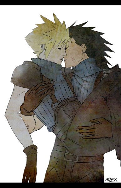 Anime picture 1626x2527 with final fantasy final fantasy viii square enix cloud strife squall leonhart meexart long hair tall image short hair black hair simple background blonde hair white background eyes closed multiple boys hug letterboxed scar shounen ai almost kiss