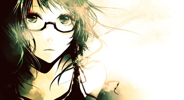 Anime picture 2200x1200 with vocaloid gumi dlei single looking at viewer highres short hair simple background wide image bare shoulders green eyes green hair face eyeshadow girl glasses