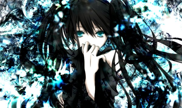 Anime picture 2000x1194 with vocaloid hatsune miku zatsune miku aonoe single long hair highres black hair wide image twintails aqua eyes pale skin girl