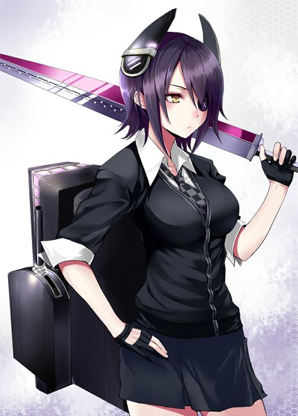 Anime picture 800x1119 with kantai collection tenryuu light cruiser simon (n.s craft) single tall image short hair simple background white background yellow eyes purple hair girl skirt hair ornament weapon sword eyepatch